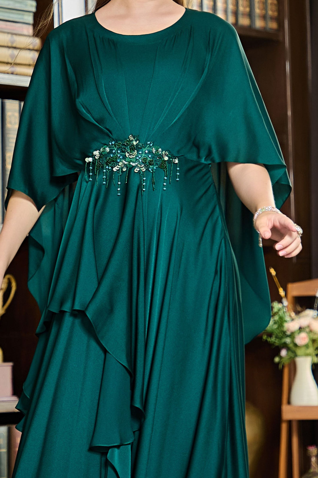 Bottle Green Beads, Thread and Sequins work Floor Length Kaftan Styled Anarkali Suit