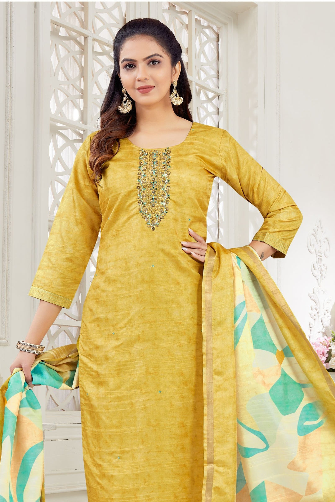 Yellow Zardozi, Sequins, Thread and Mirror work Straight Cut Salwar Suit