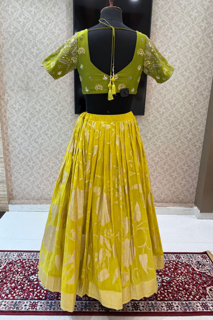 Parrot Green with Liril Green Beads, Sequins, Zardozi and Banaras work Crop Top Lehenga