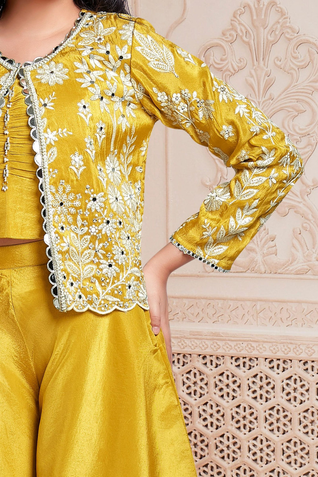 Yellow Embroidery, Sequins, Zari and Mirror work Jacket Styled Palazzo Set for Girls