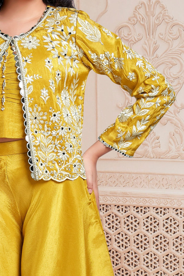 Yellow Embroidery, Sequins, Zari and Mirror work Jacket Styled Palazzo Set for Girls