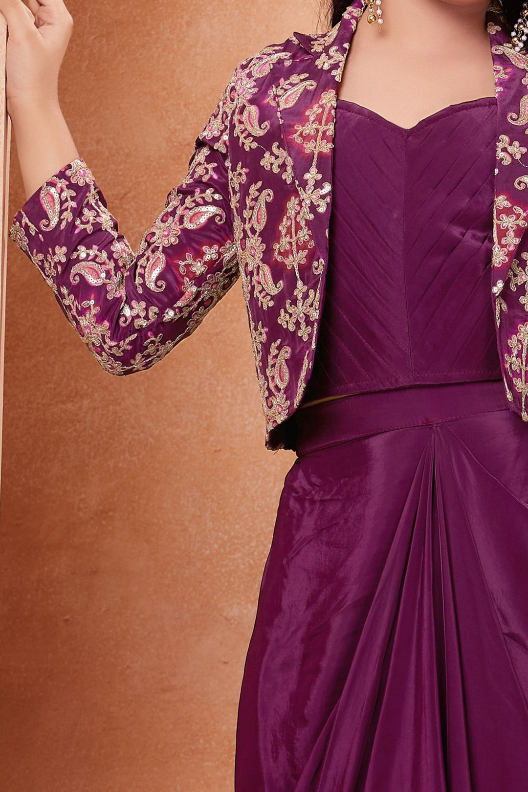 Wine Sequins and Zari Thread work Jacket Styled Choli with Cowl Skirt for Girls