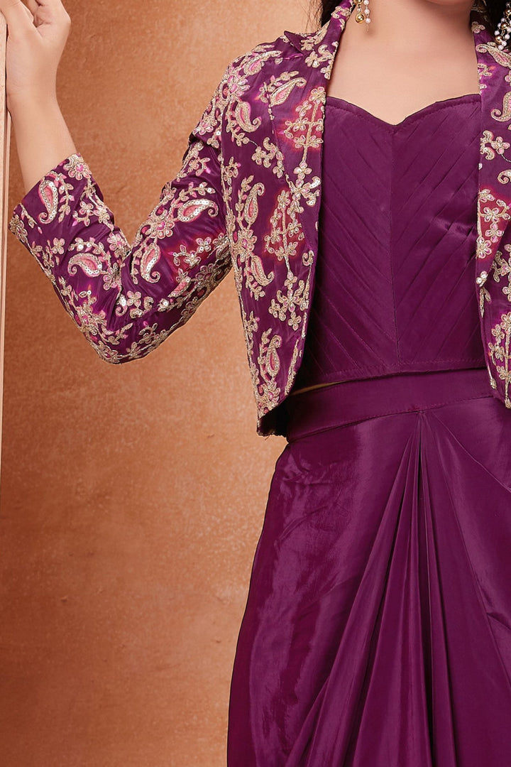 Wine Sequins and Zari Thread work Jacket Styled Choli with Cowl Skirt for Girls