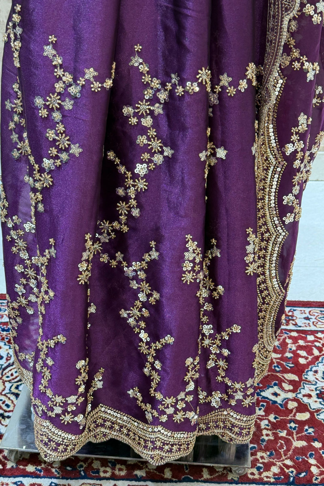 Violet Beads, Zari and Sequins work Saree