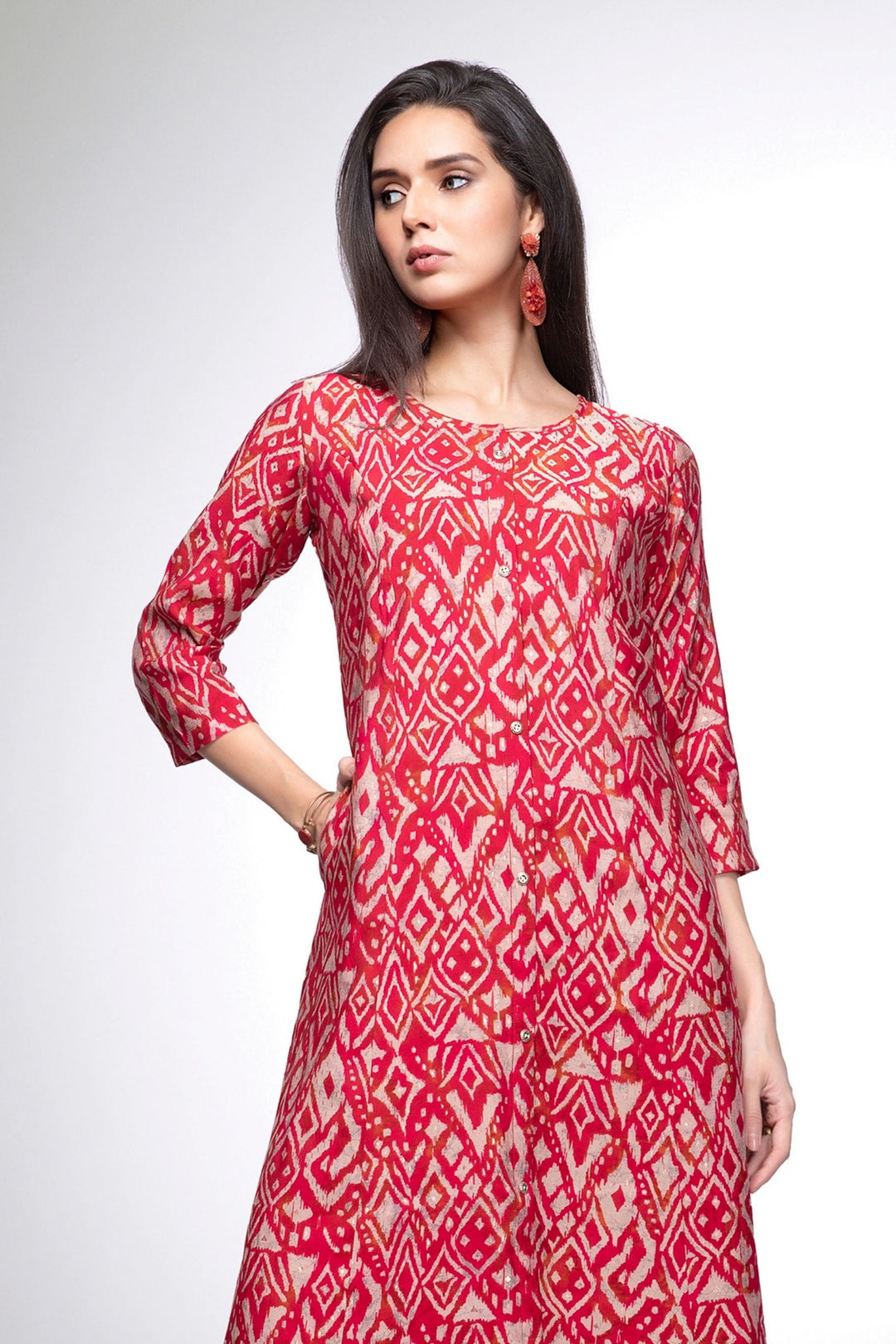 Red with Sandal Digital Print Calf Length Kurti