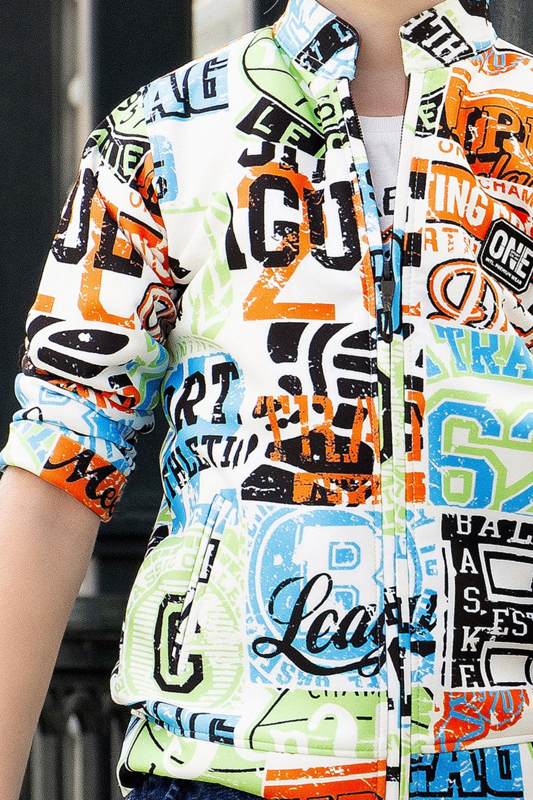 White with Multicolor Printed Blazer, T-Shirt and Blue Pant Set for Boys with Belt