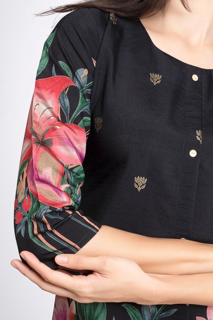 Black Floral Print Short Kurti