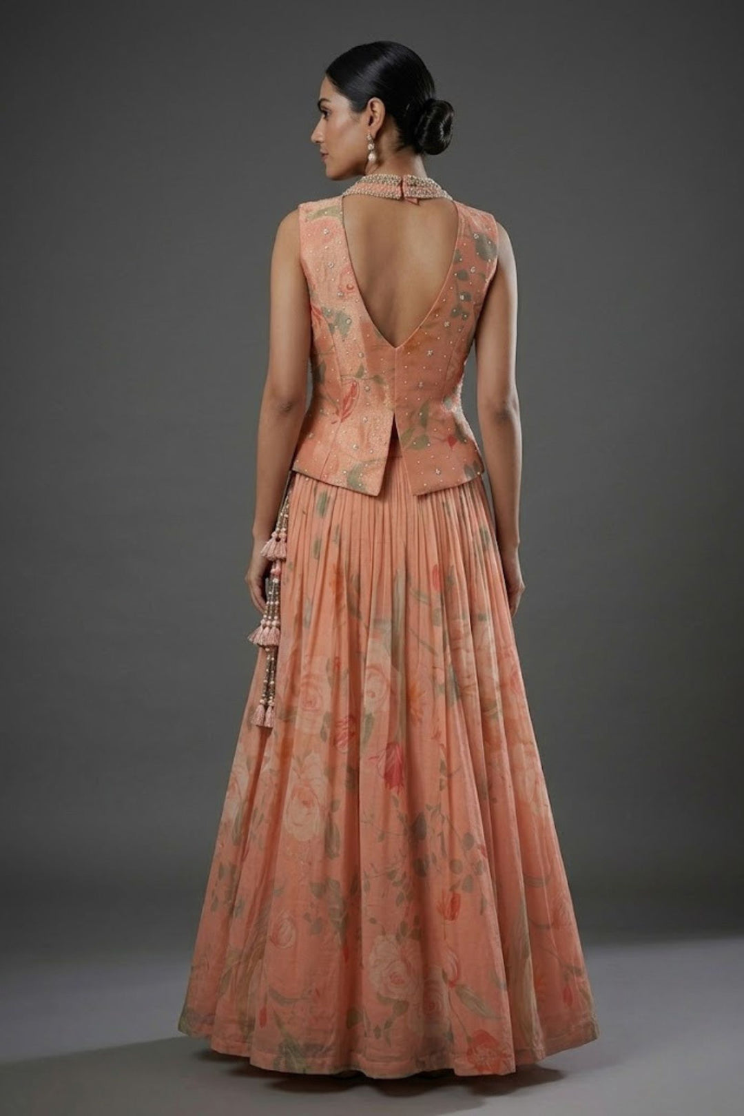 Peach Beads, Mirror and Zardozi work with Digital Print Peplum Style Lehenga