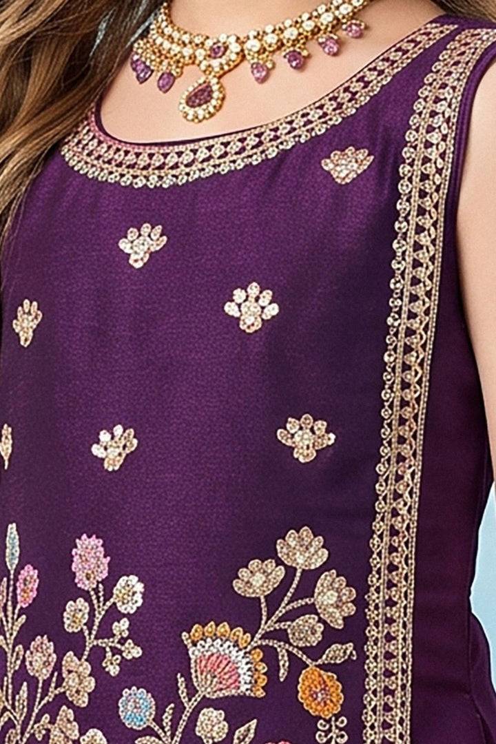Wine Sequins, Embroidery and Beads work Palazzo Suit Set for Girls
