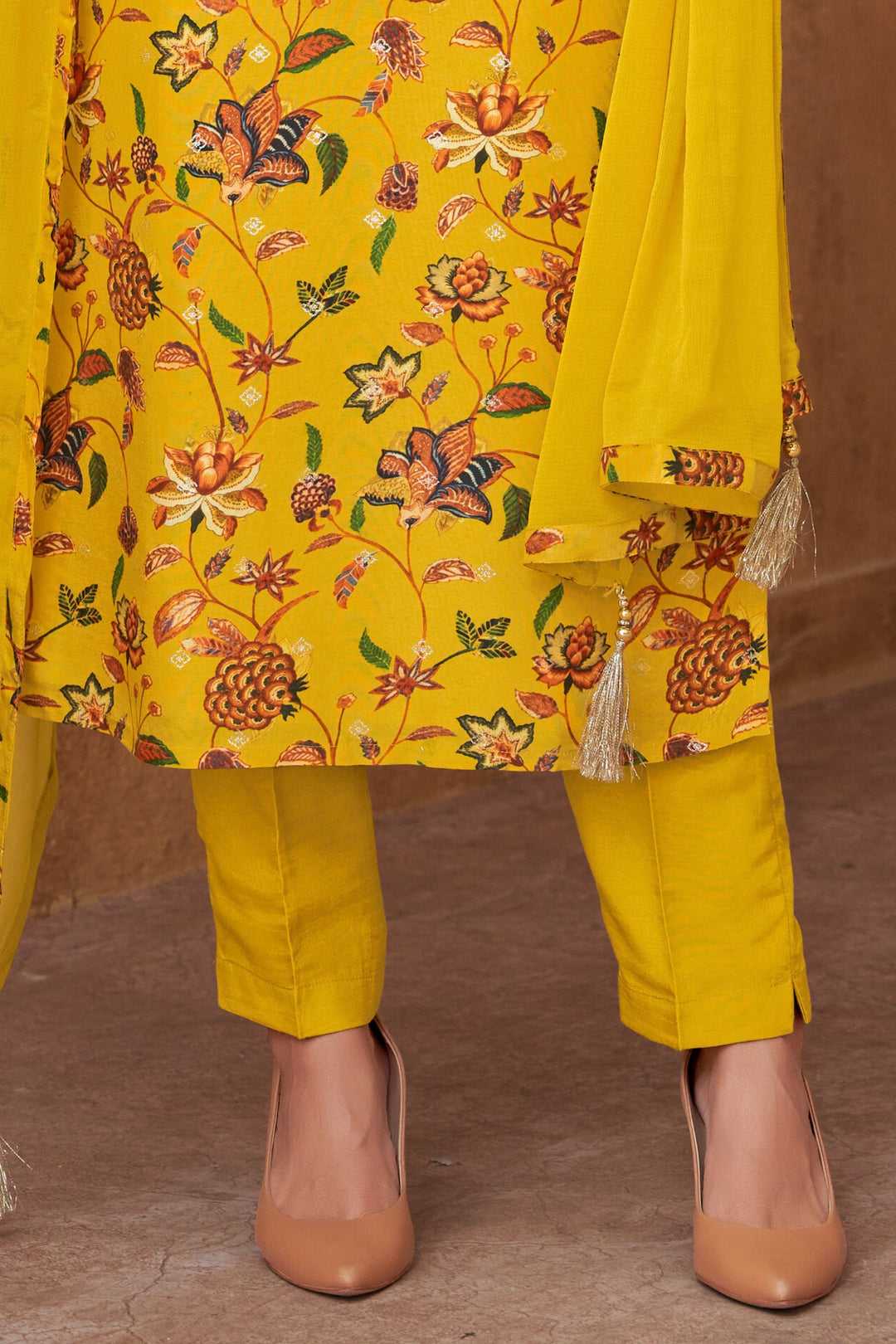 Mustard Yellow Beads, Mirror and Banaras work with Floral Print Straight Cut Salwar Suit