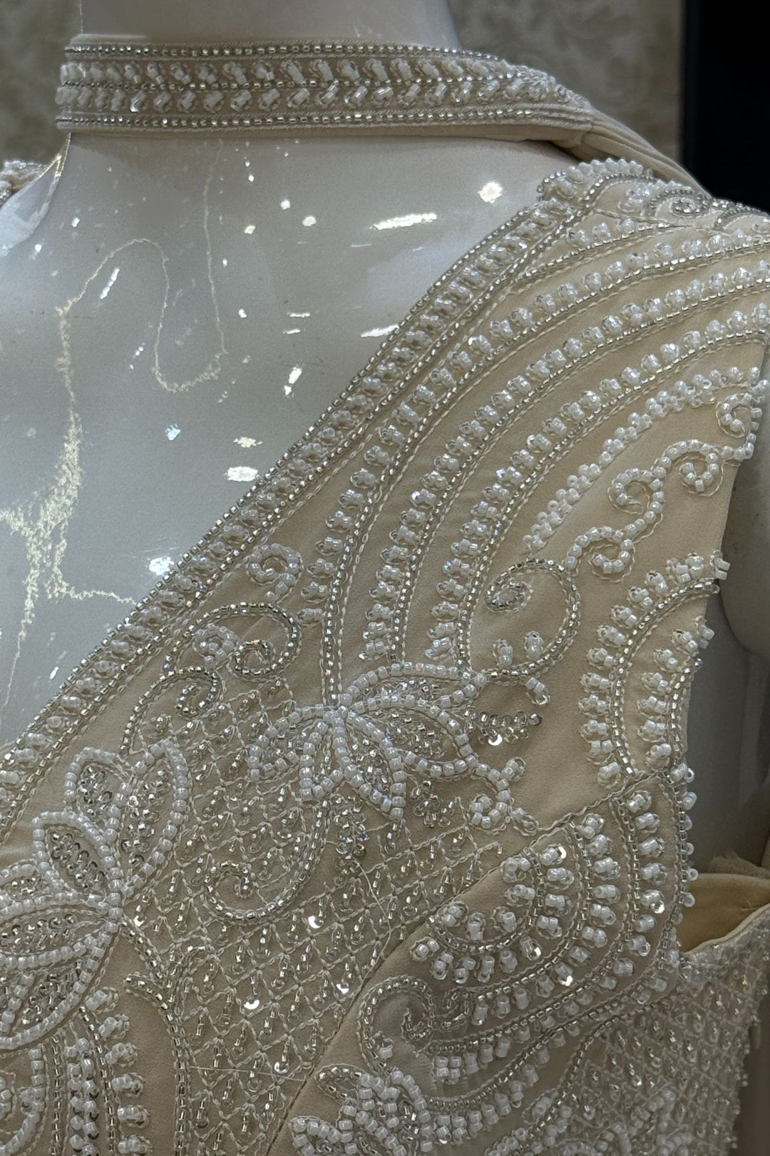 Beige Beads, Sequins and Thread work Peplum Top with Sharara Suit Set