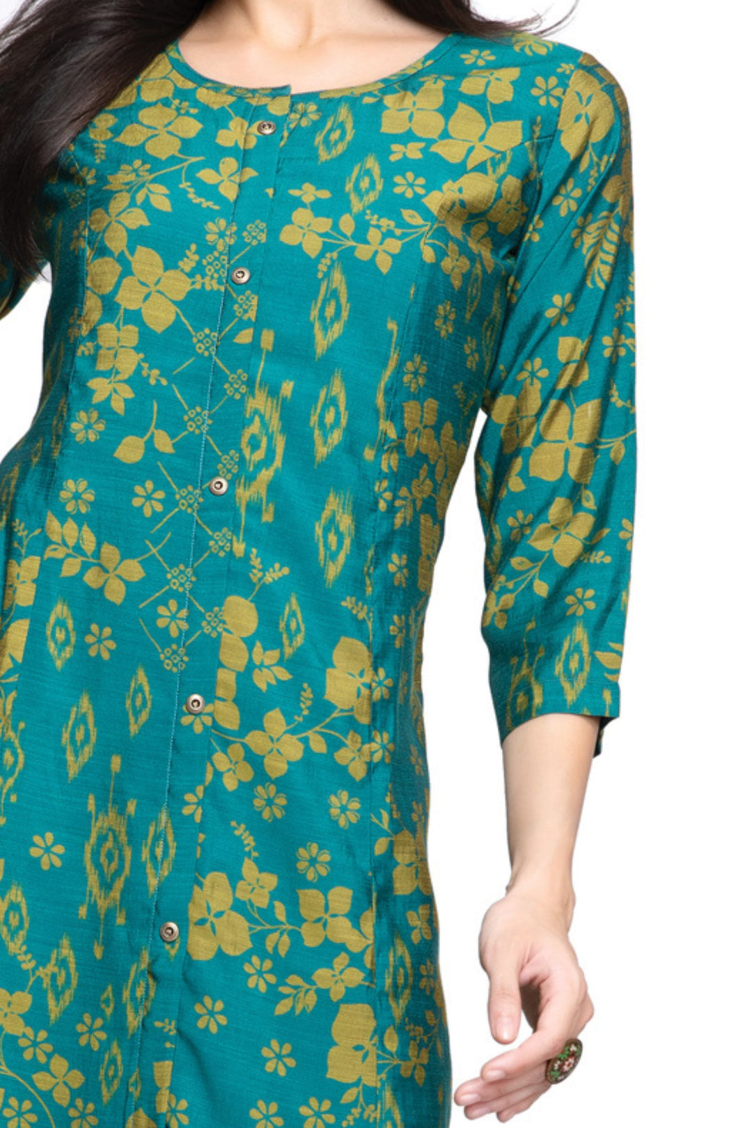 Green Digital Print Aline Cut Calf Length Kurti