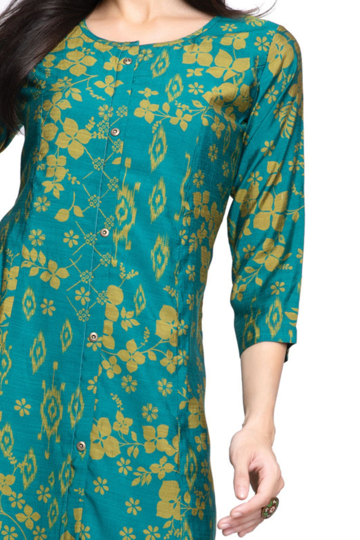 Green Digital Print Aline Cut Calf Length Kurti