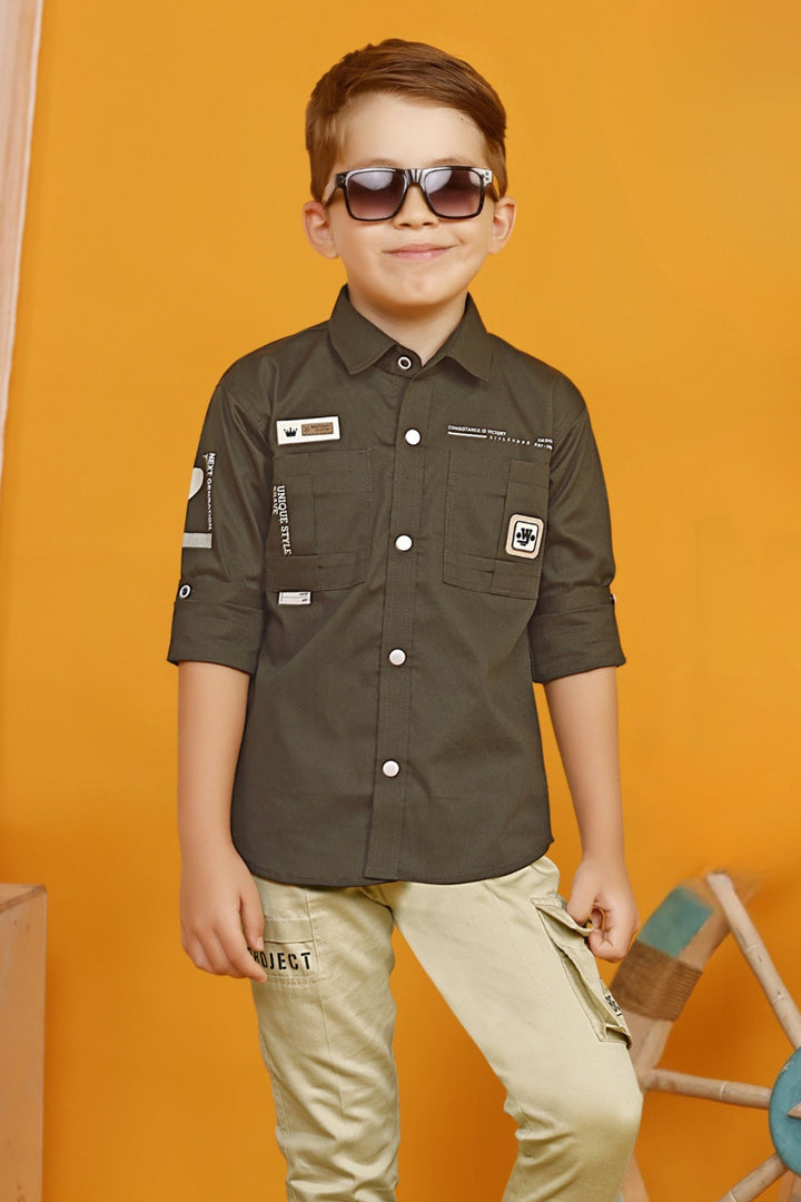 Dark Green Printed Shirt and Cream Pant Set for Boys