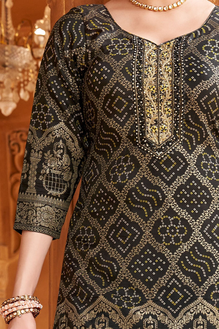Black Stone, Beads, Zardozi and Sequins work with Bandini Print Palazzo Salwar Suit