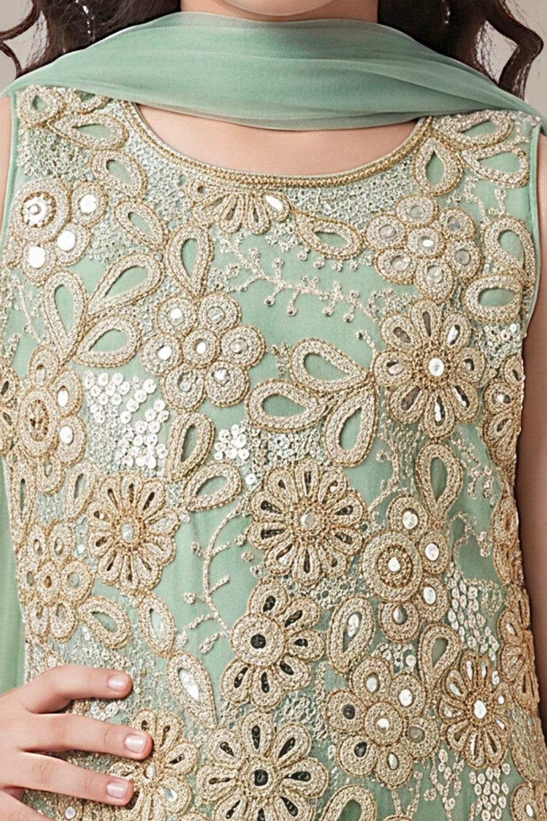 Sea Green Beads, Sequins and Thread work Palazzo Suit Set for Girls