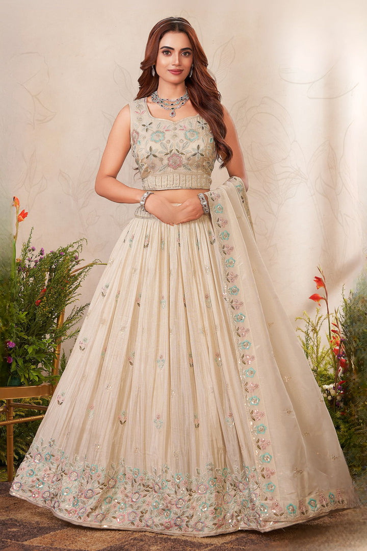 Cream Beads, Sequins and Multicolor Thread work Crop Top Lehenga
