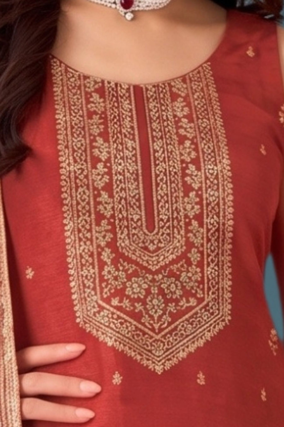 Rust Orange Banaras, Beads, Mirror, Stone and Sequins work Straight Cut Salwar Suit