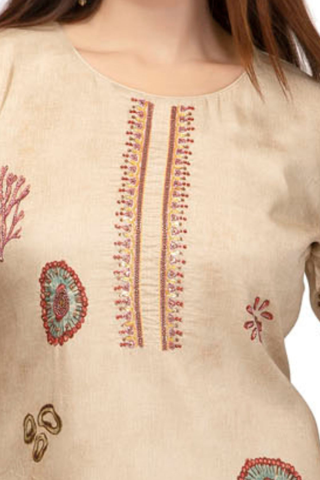 Sandal Botanical Print Straight Kurta Set with Multicolor Artistic Motifs