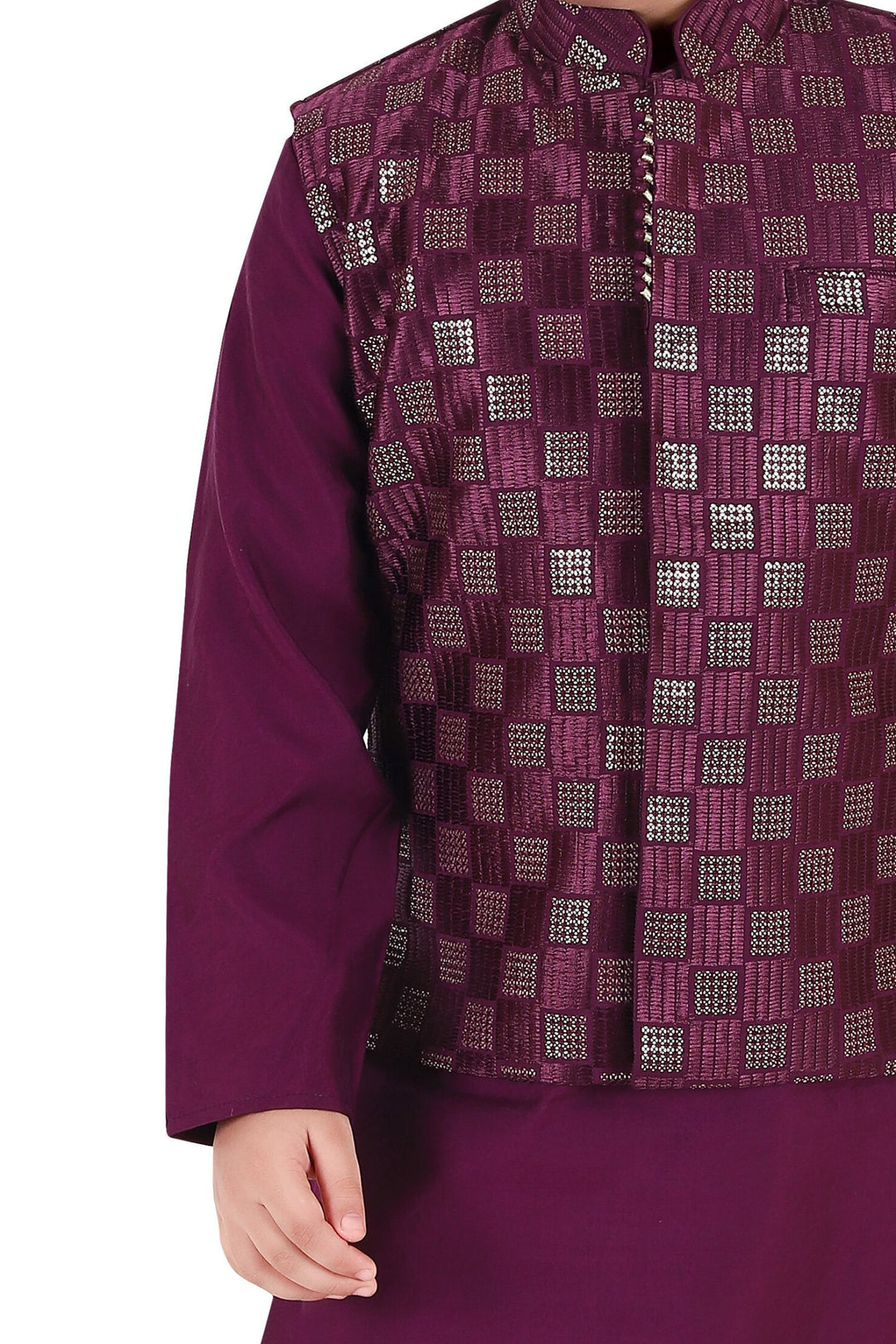 Wine Thread and Sequins work Waist Coat Kurta Set for Boys