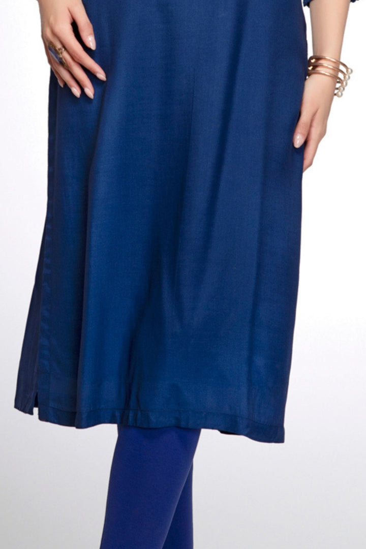 Royal Blue Embroidery and Stone work Calf Length Kurti