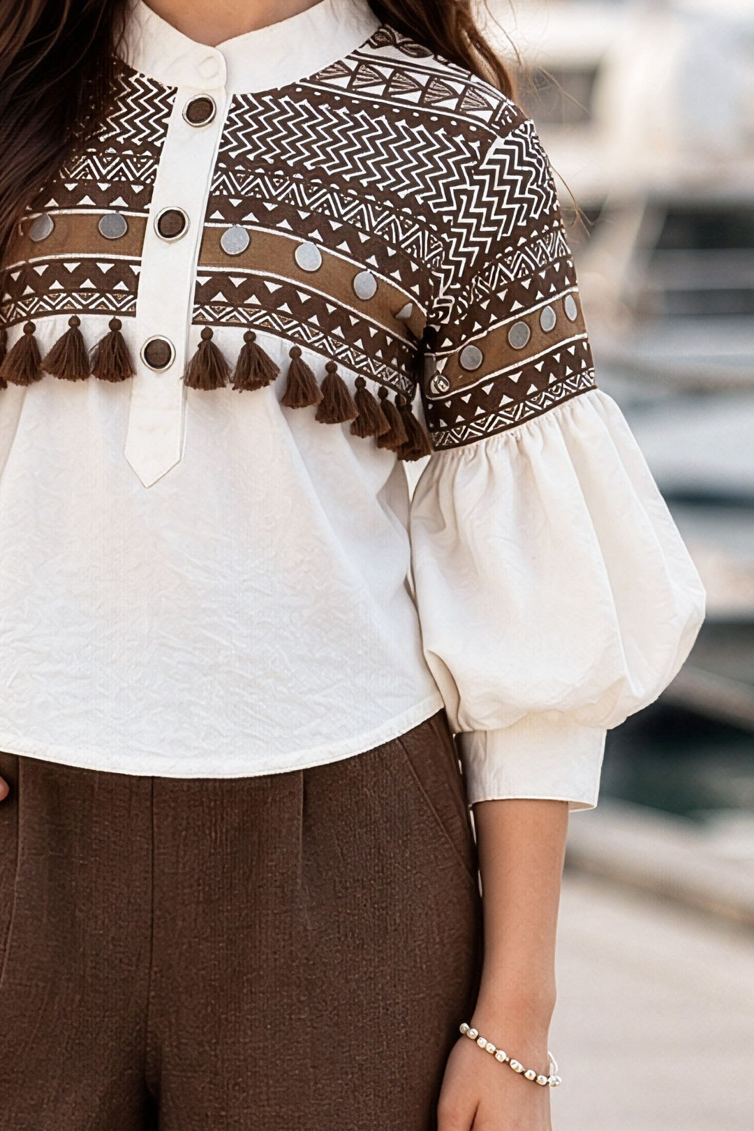 Half White with Brown Digital Print Top and Lace work Palazzo Set for Girls