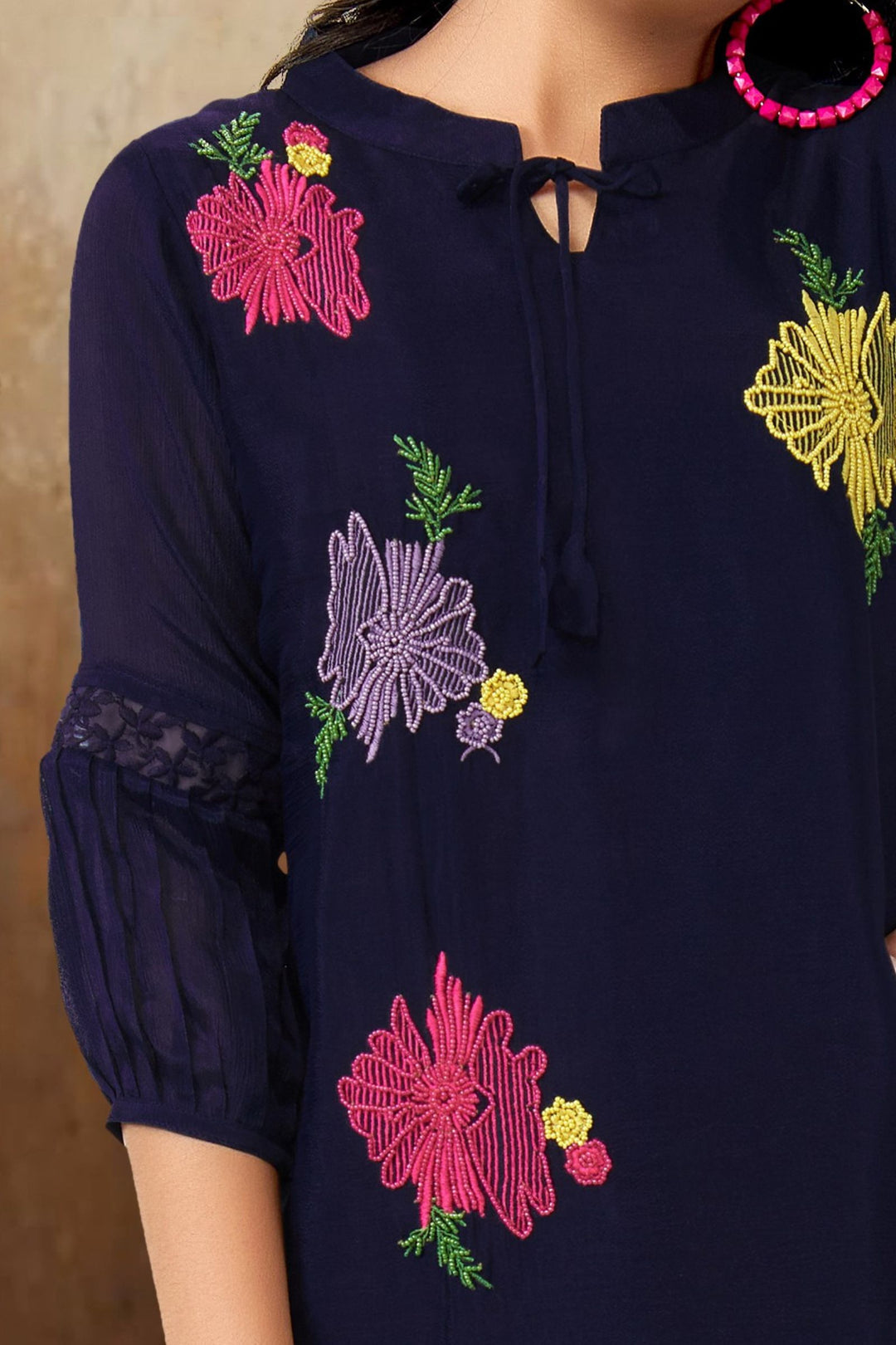 Navy Blue Multicolor Embroidery and Beads work Casual Kurti for Girls