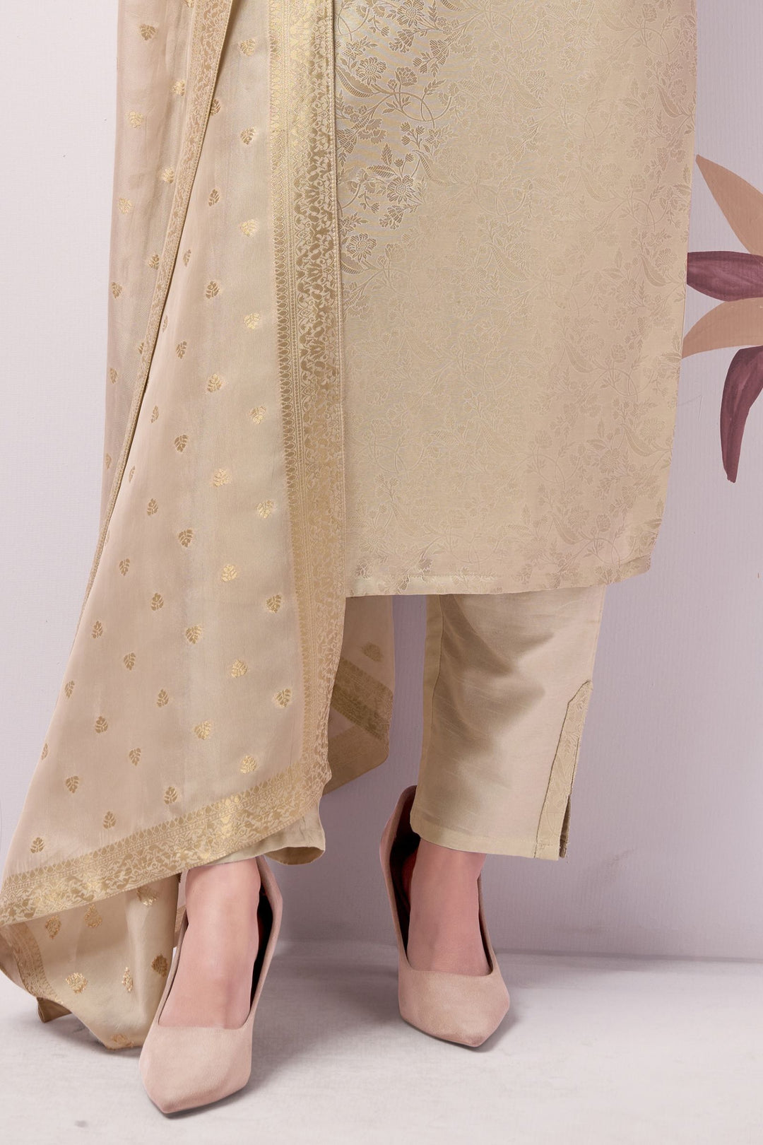 Cream Brocade, Kundan, Zardozi, Beads and Stone work Straight Cut Salwar Suit