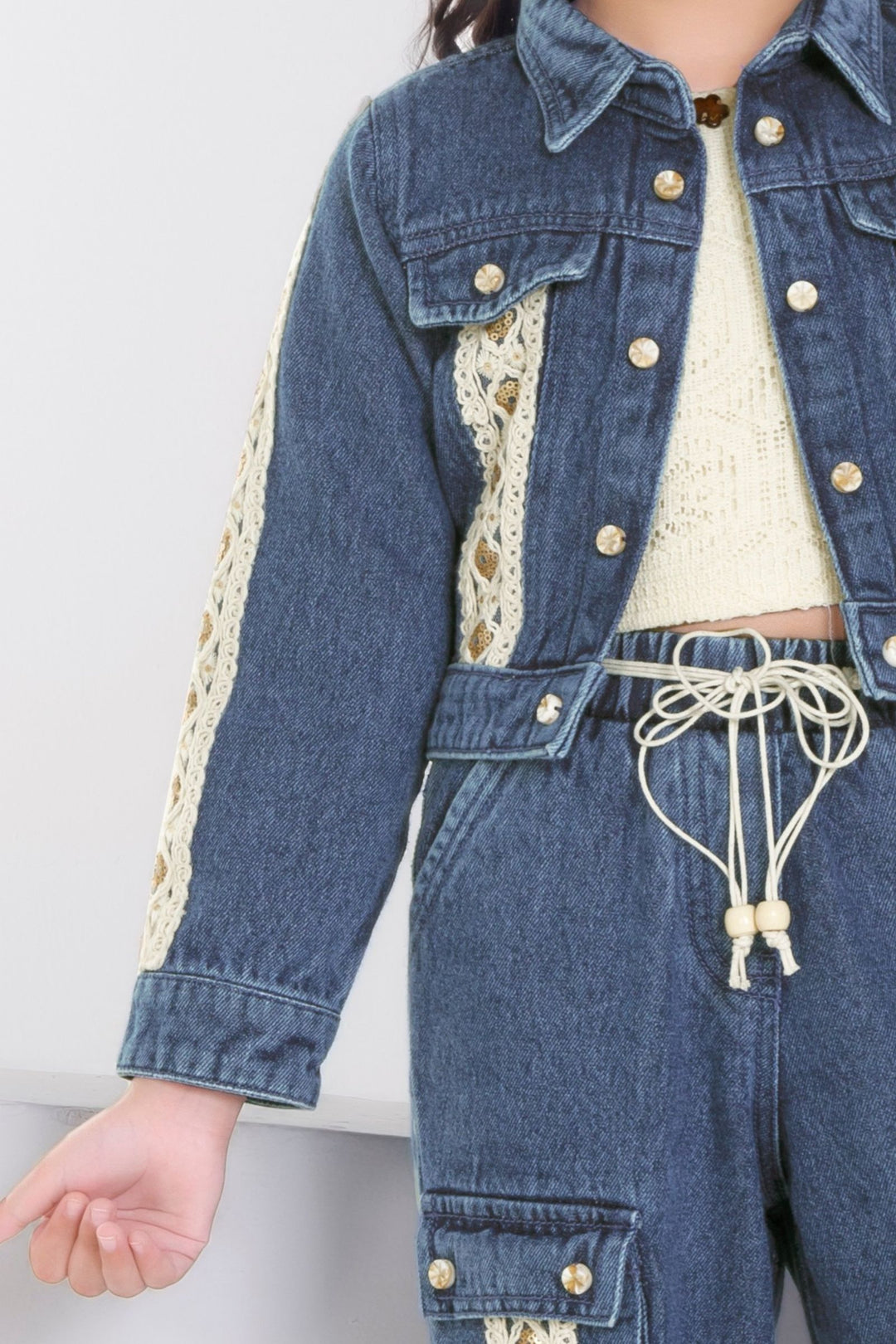 Blue with Cream Thread and Sequins work Jacket Styled Top and Pant Set for Girls