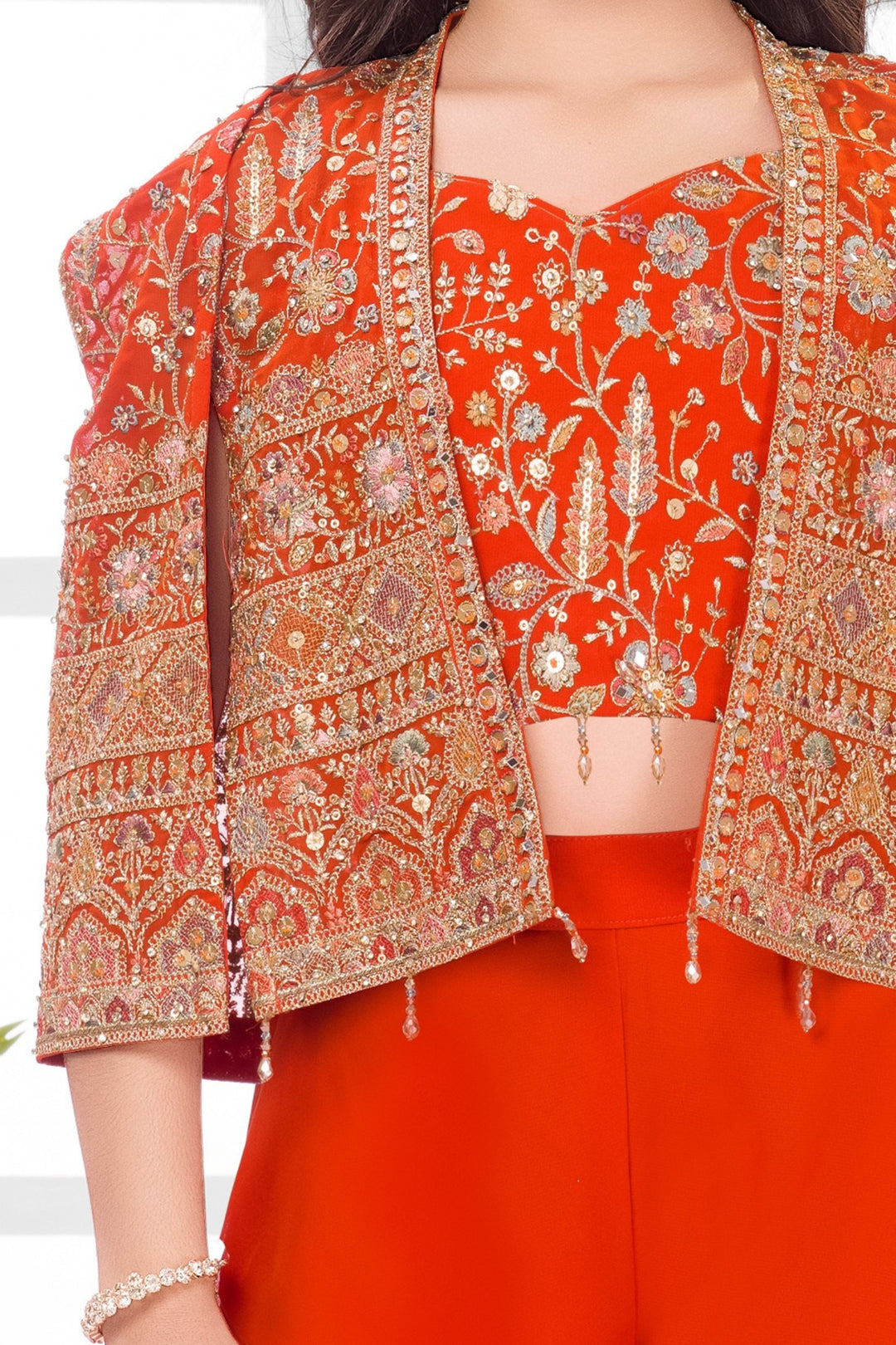 Orange Stone, Zari and Multicolor Embroidery work Jacket Styled Palazzo Set for Girls