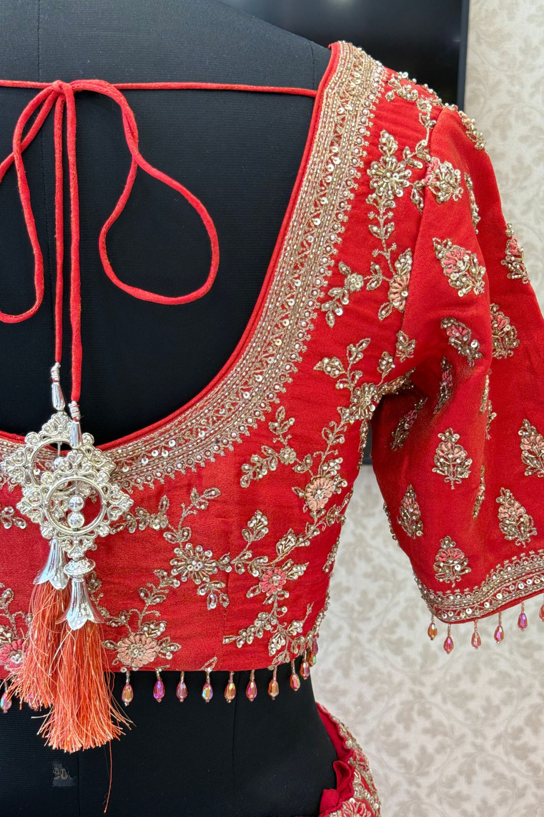 Tomato Red Beads, Zardozi, Sequins and Zari work Crop Top Designer Bridal Lehenga