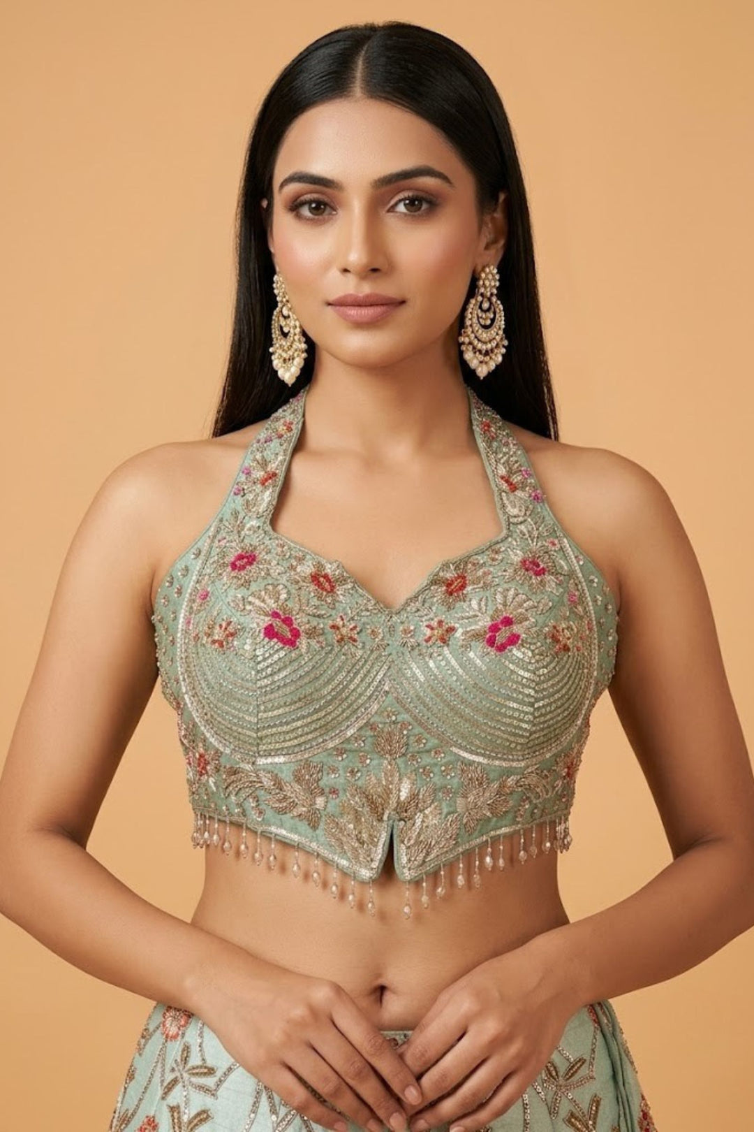 Sea Green Zardozi, Sequins, Beads, Thread and Zari work with Halter Neck Lehenga