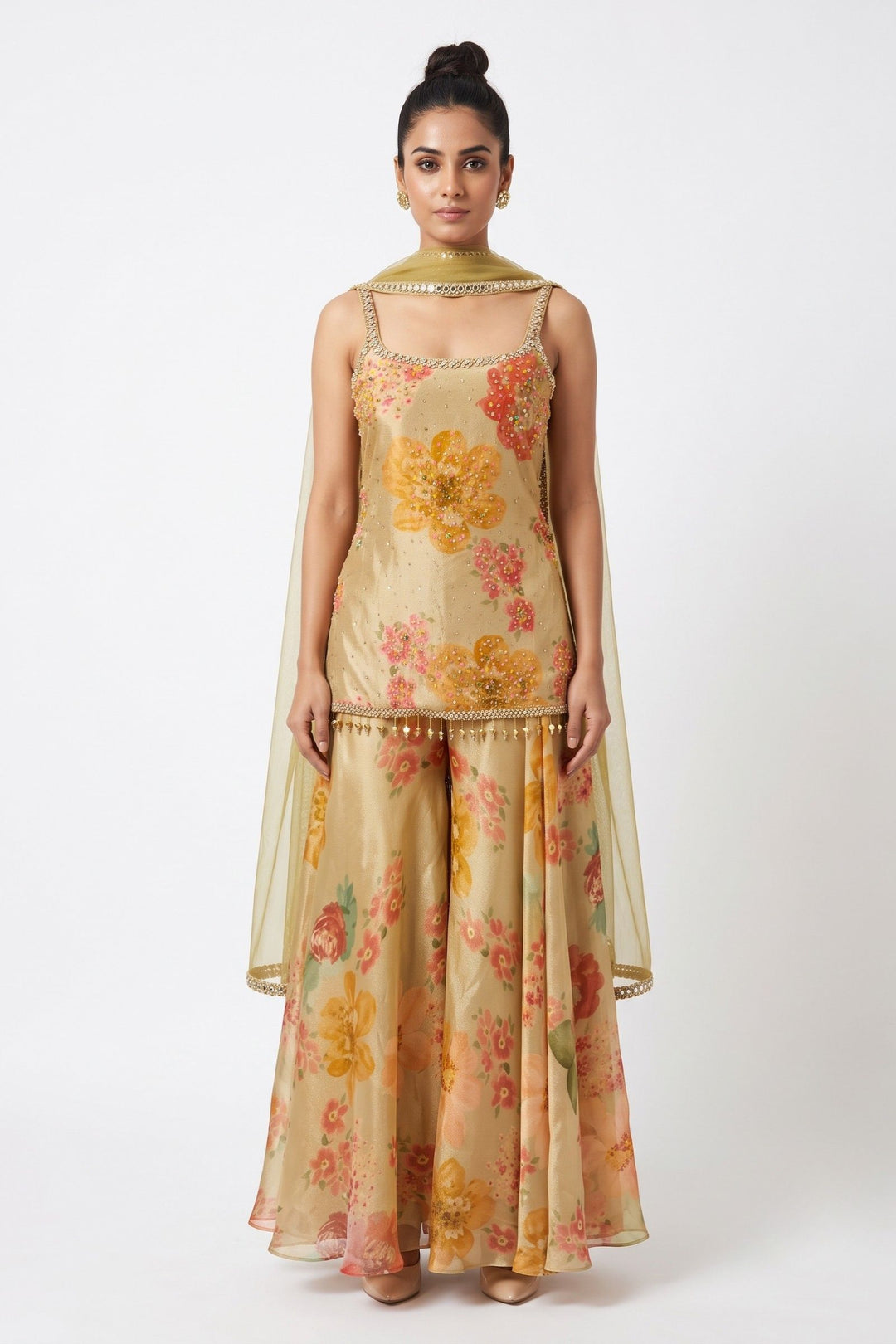 Light Beige Stone, Beads and Kundan work with Floral Print Palazzo Salwar Suit