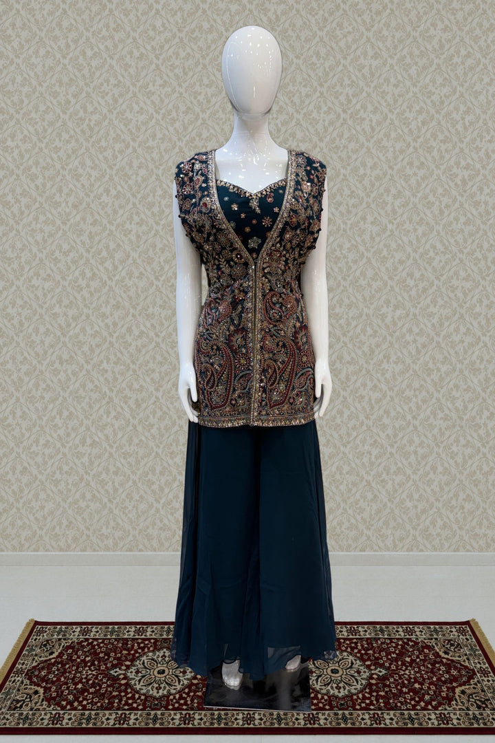 Peacock Blue Multicolor Thread and Sequins work Overcoat Styled Palazzo Suit Set