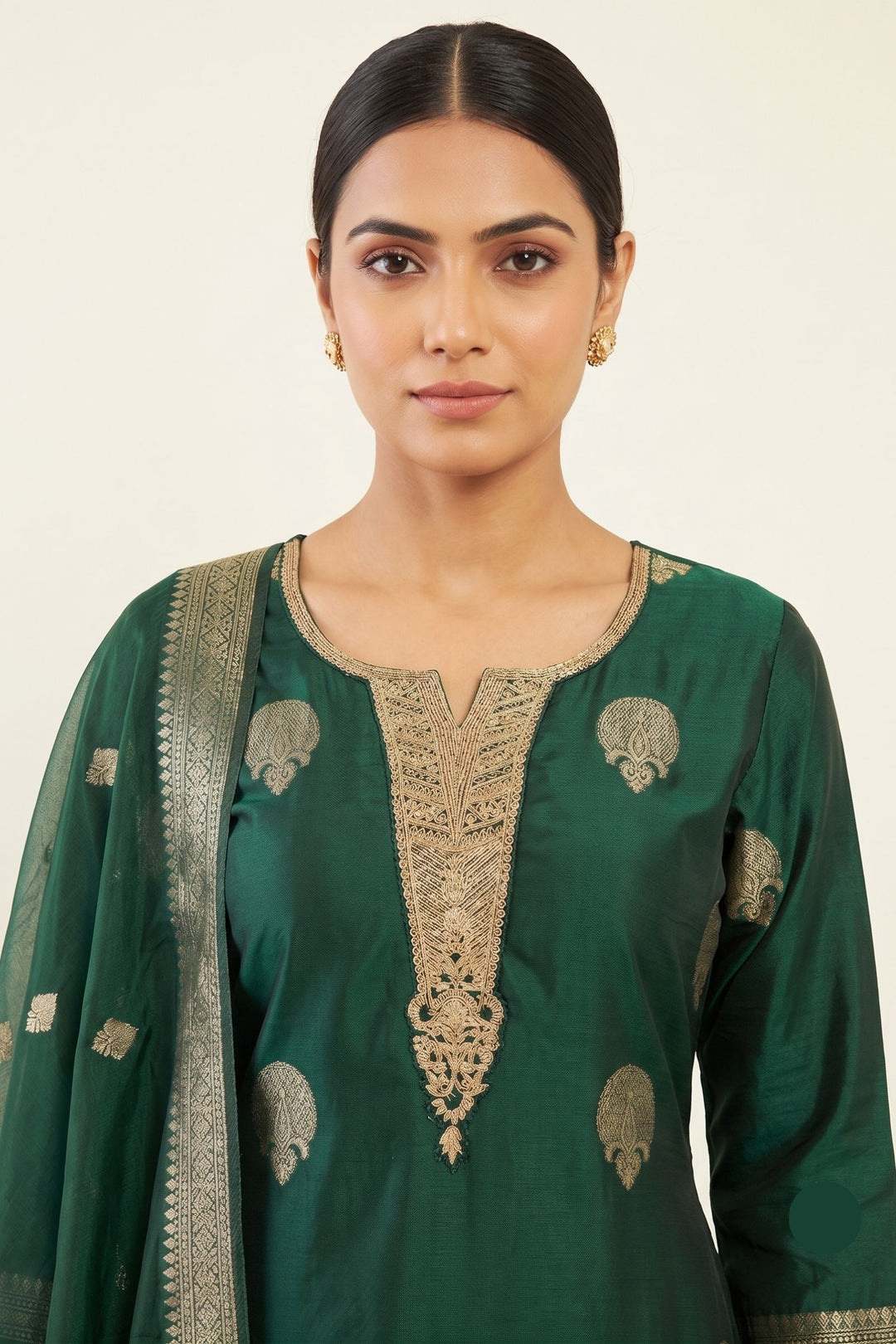 Bottle Green Banaras, Zardozi, Sequins, Beads and Zari work Straight Cut Salwar Suit