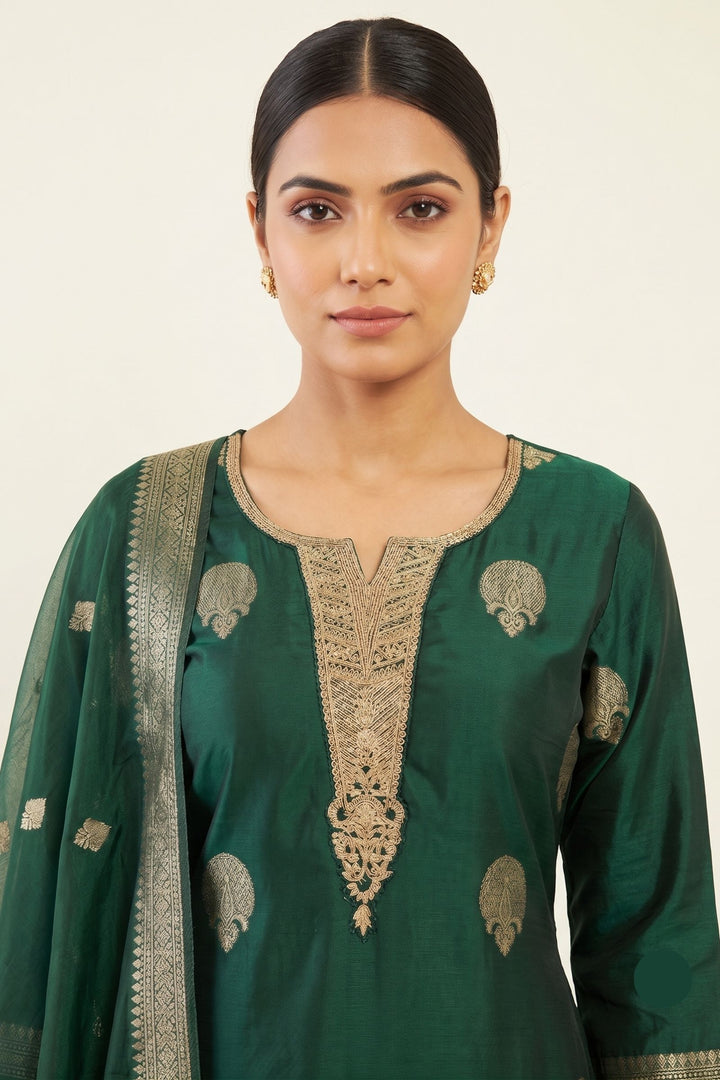 Bottle Green Banaras, Zardozi, Sequins, Beads and Zari work Straight Cut Salwar Suit