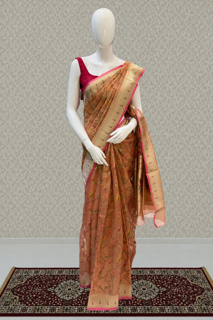 Orange Banaras and Zari Weaving work Saree