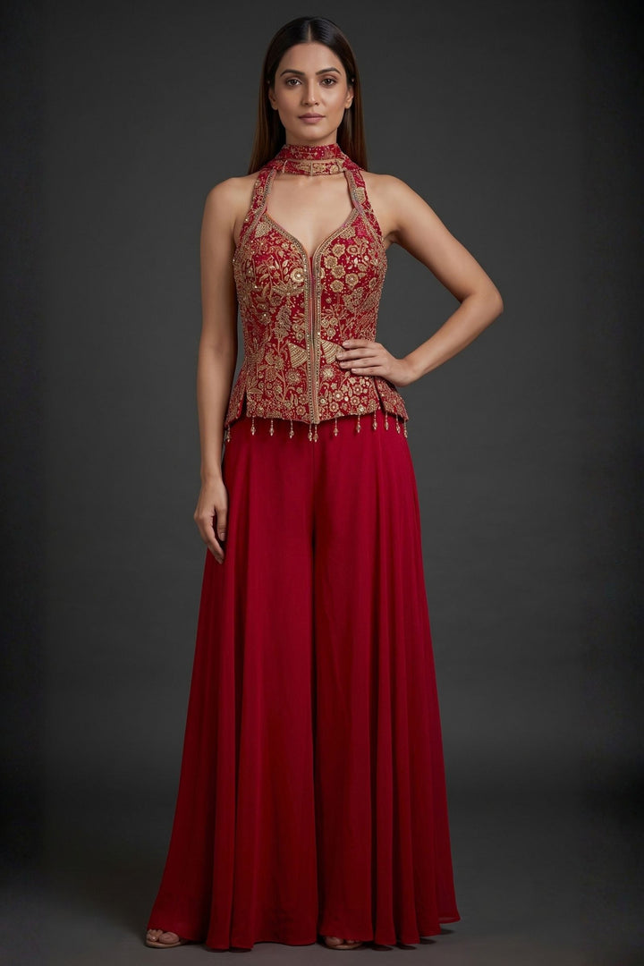 Red Mirror, Stone, Beads, Sequins, Thread and Zari work Palazzo Salwar Suit