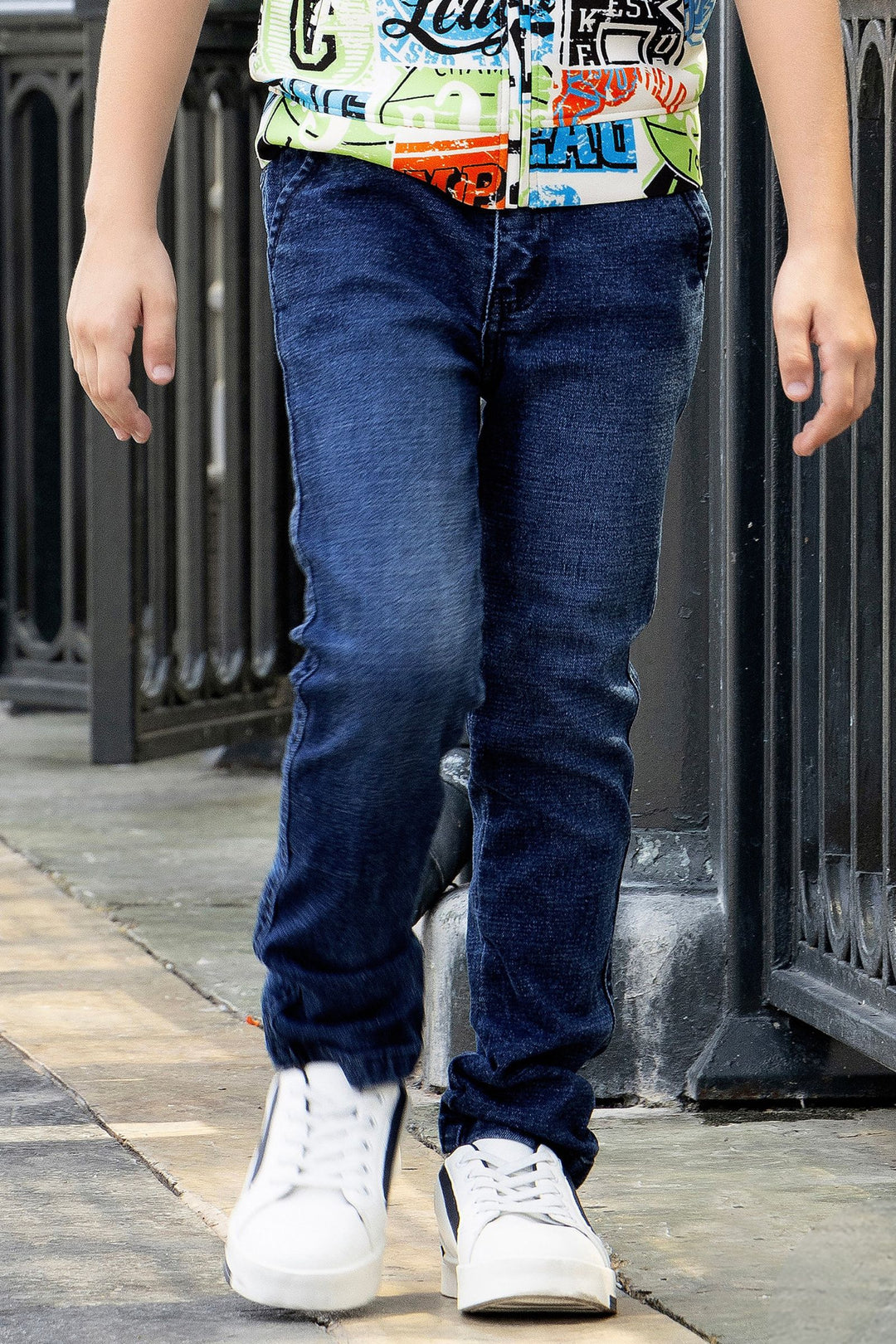 White with Multicolor Printed Blazer, T-Shirt and Blue Pant Set for Boys with Belt