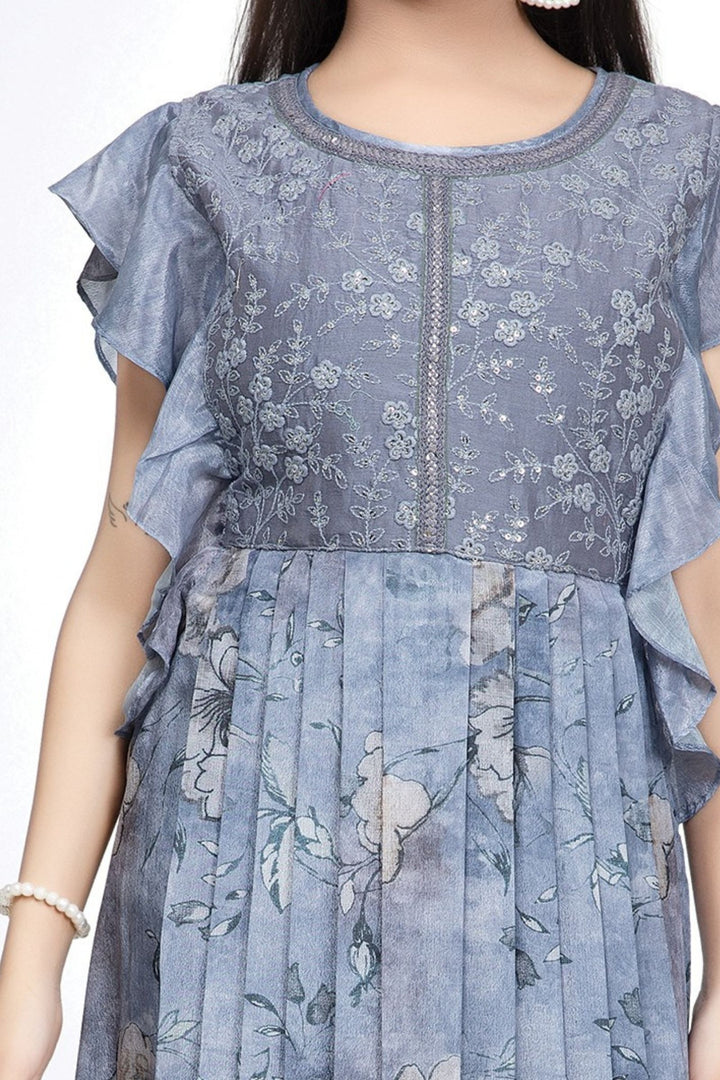 Girls Floral Print Casual Frock with Embroidered Yoke
