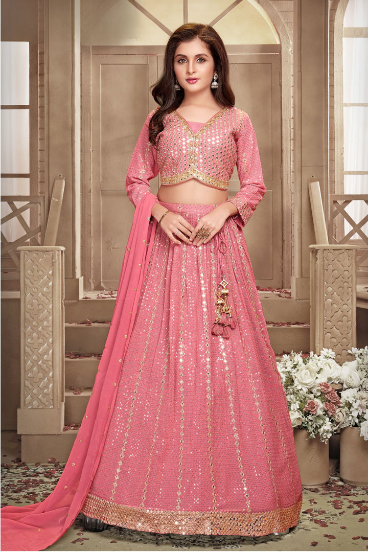 Peach Zari, Sequins, Beads and Mirror work Lehenga Choli for Girls