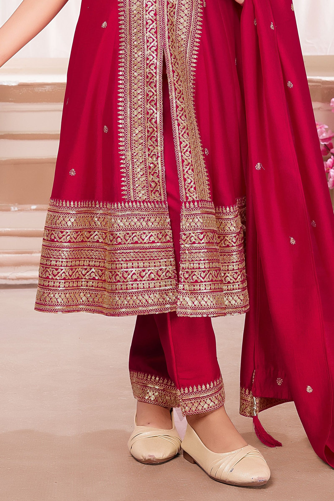 Rani Pink Sequins and Zari work Salwar Suit for Girls