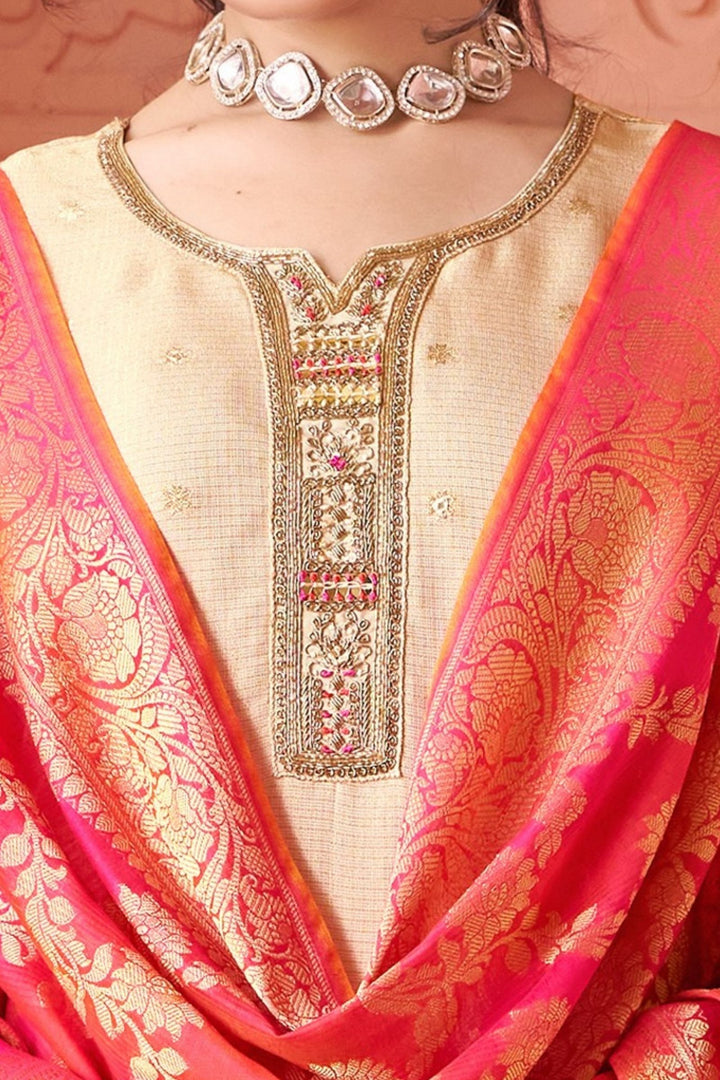 Beige Zardozi, Beads, Pearl, Thread and Mirror work Straight Cut Salwar Suit