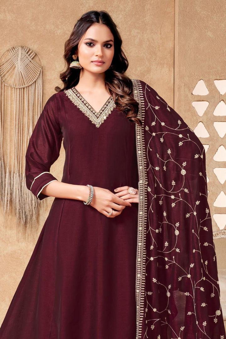 Wine Beads, Pearl, Zardozi, Stone, Zari and Sequins work Aline Cut Salwar Suit