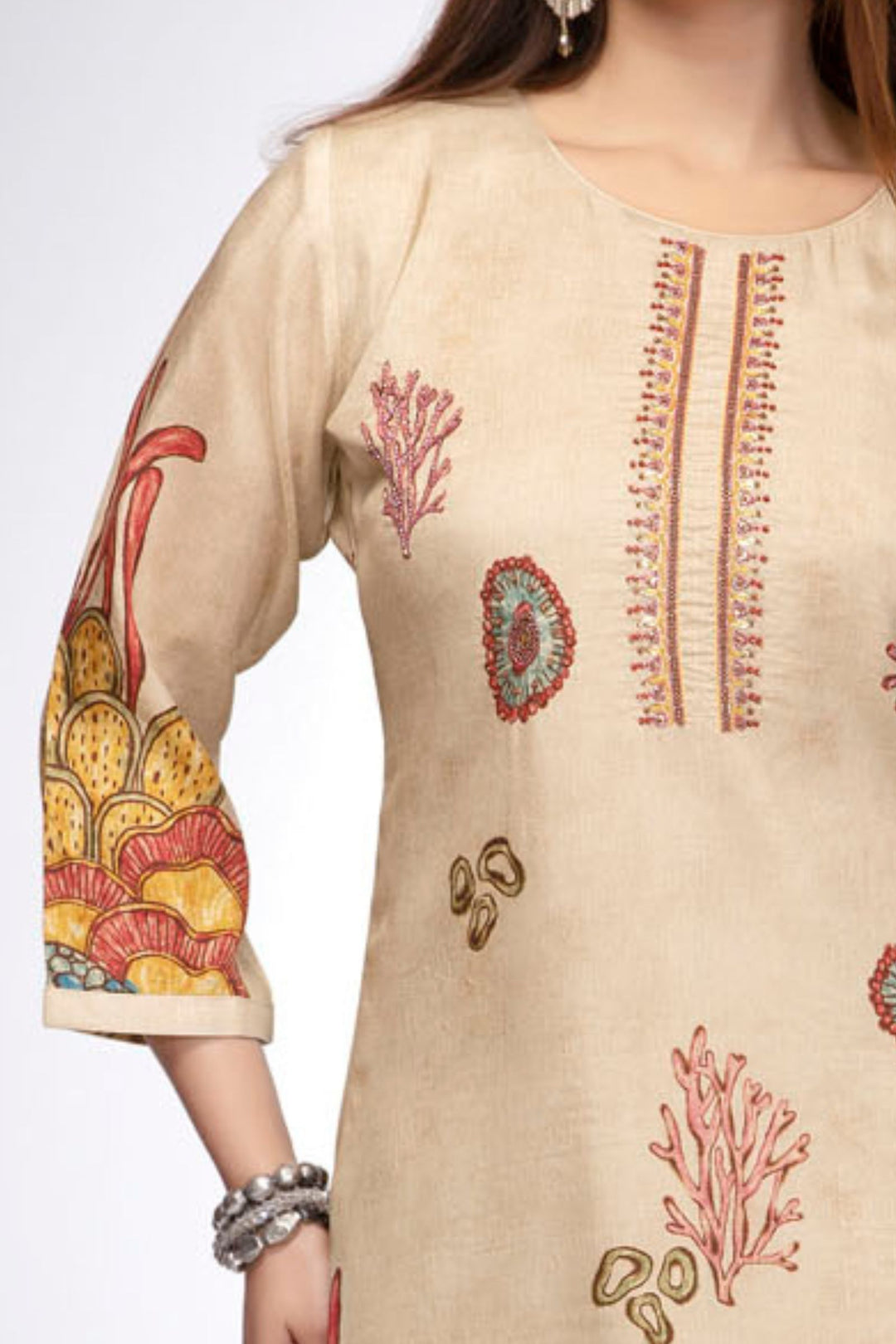 Sandal Botanical Print Straight Kurta Set with Multicolor Artistic Motifs