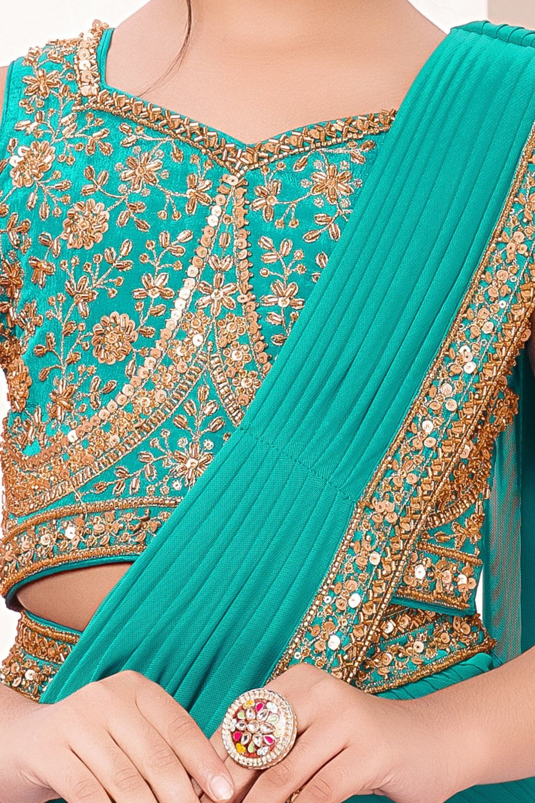 Rama Blue Sequins, Beads and Zari work Indo-Western Styled Crop Top Palazzo Set for Girls