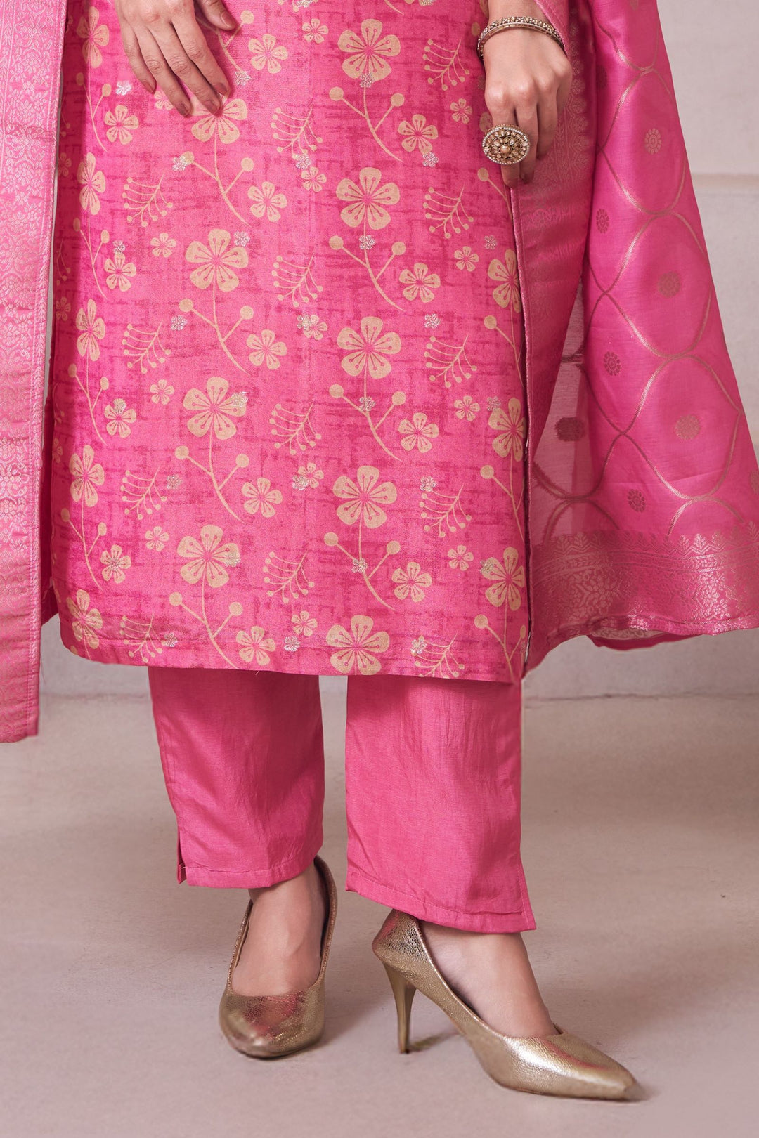 Pink Zardozi, Stone, Mirror, Zari and Beads work with Floral Print Straight Cut Salwar Suit