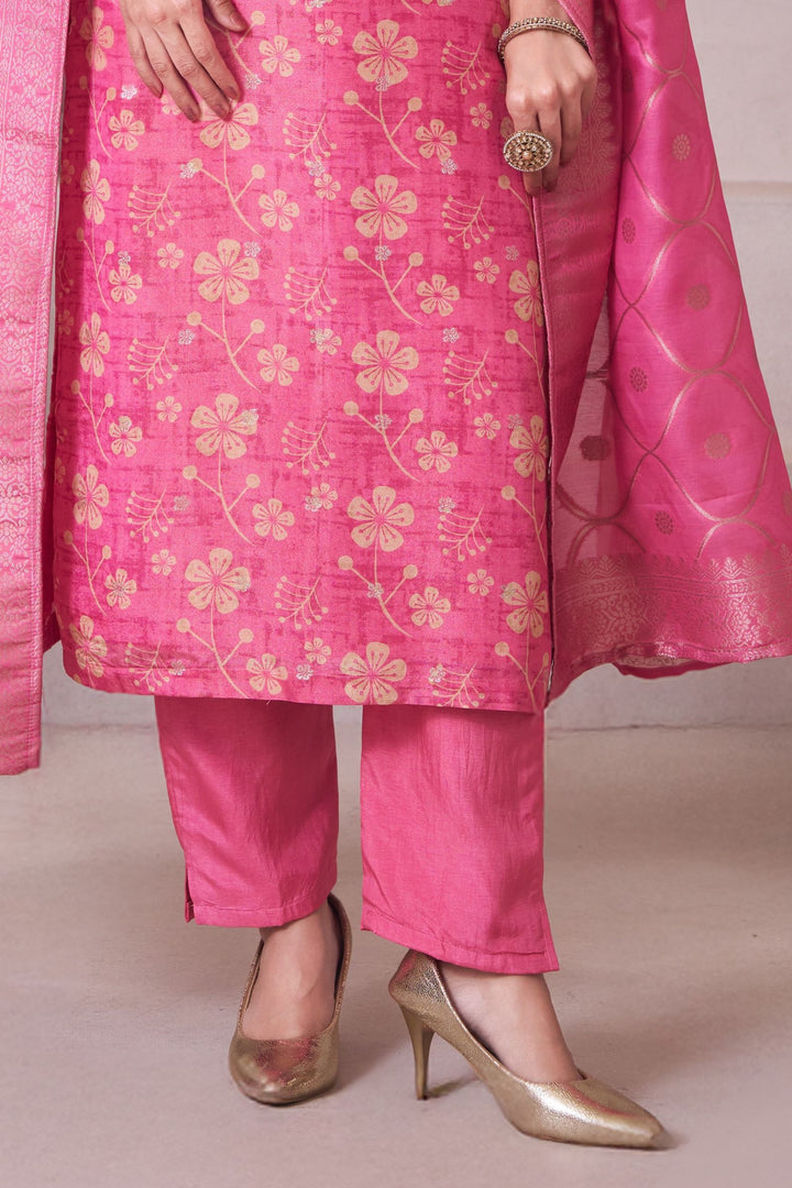 Pink Zardozi, Stone, Mirror, Zari and Beads work with Floral Print Straight Cut Salwar Suit