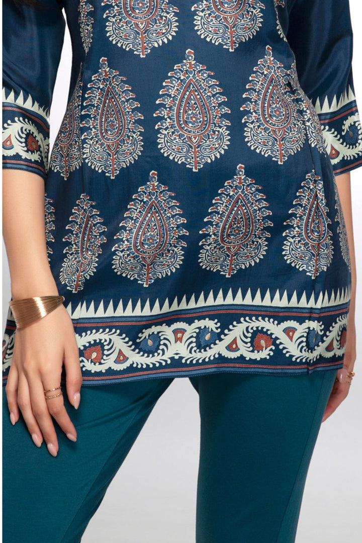Teal Blue with Digital Print Short Kurti