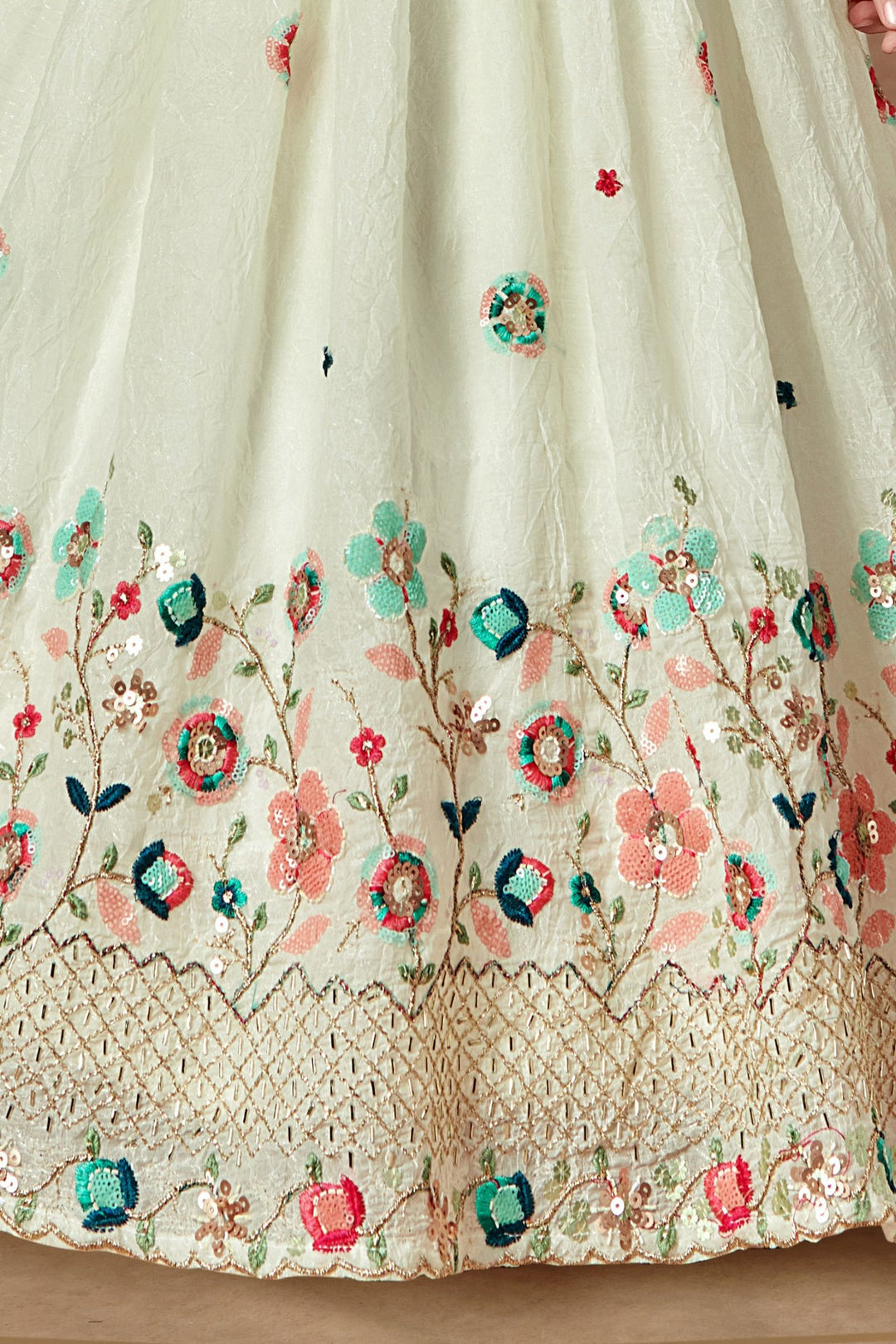 Cream Multicolor Embroidery, Sequins and Beads work Lehenga Choli for Girls